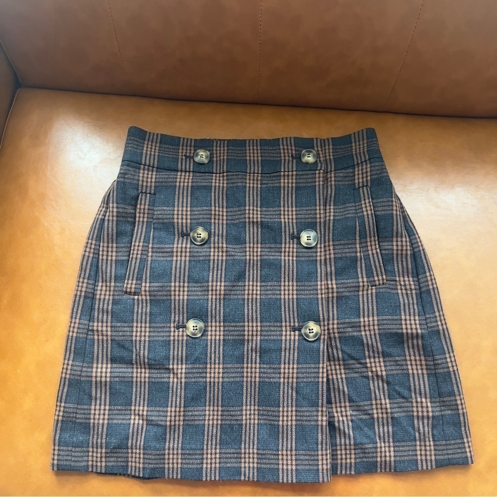 Madewell Plaid Double-Breasted Mini Skirt Sz XXS Navy Brown - Picture 3 of 9